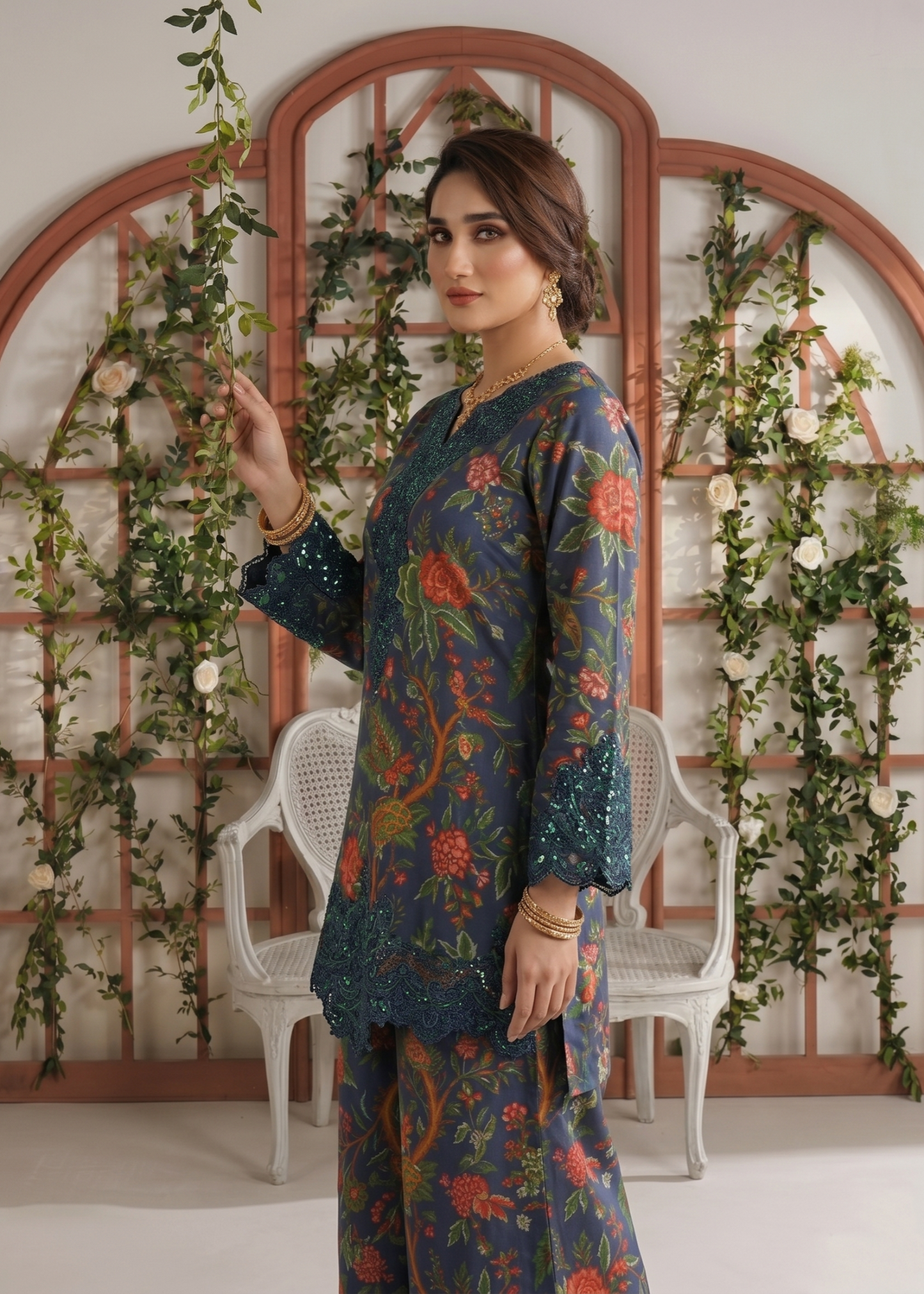 Pakistani Designer Navy Blue Lawn Salwar Suit Online in KSA Riyadh Saudi Arabia Oman Bahrain Qatar