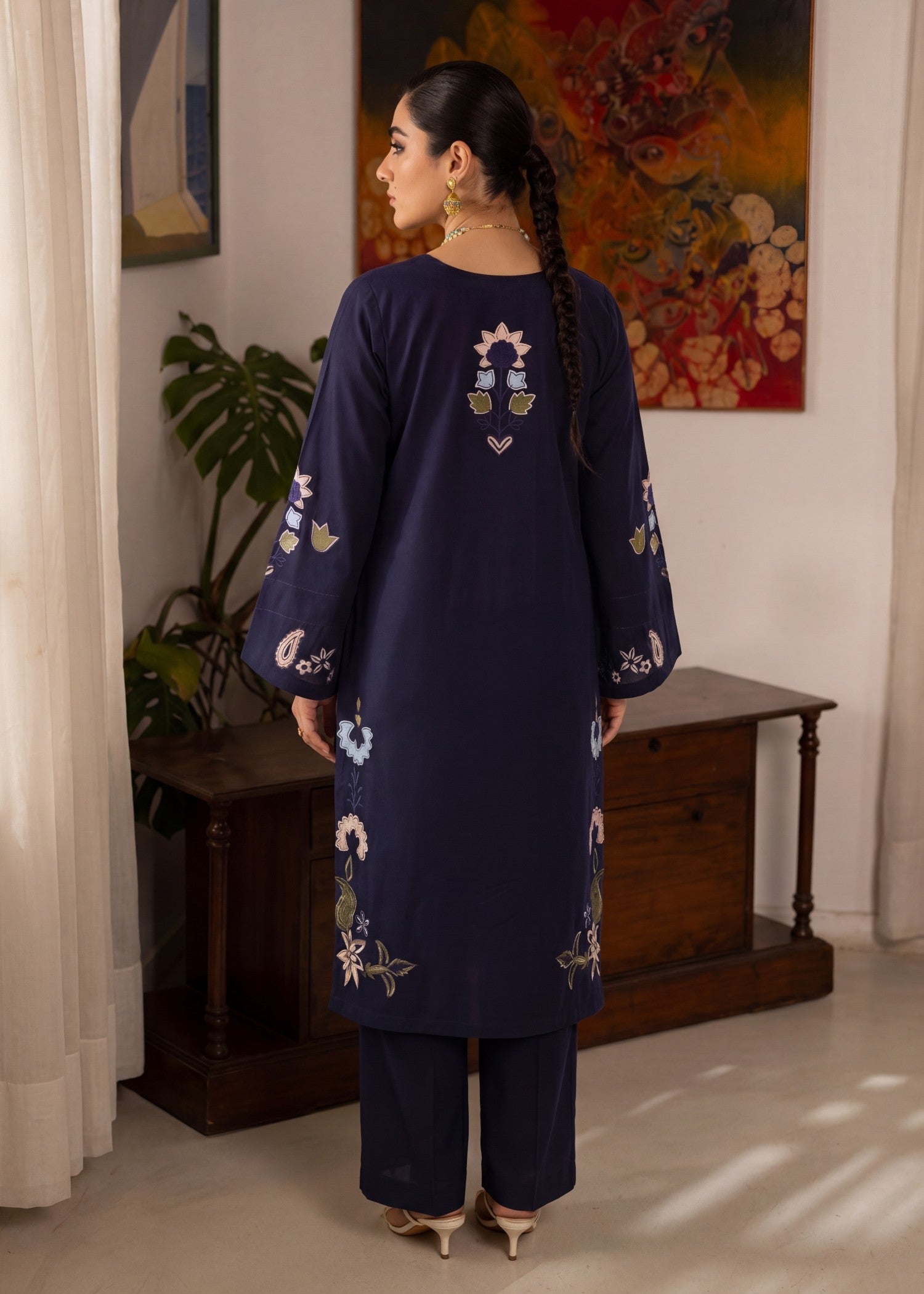 Pakistani Designer Navy Blue Lawn Suit Online in KSA Riyadh Saudi Arabia Oman Bahrain Qatar
