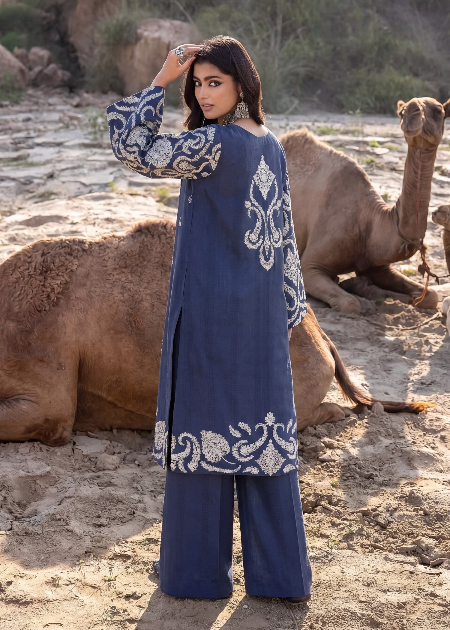 Pakistani Designer Navy Blue Lawn Suit Online in KSA Riyadh Saudi Arabia Oman Bahrain Qatar