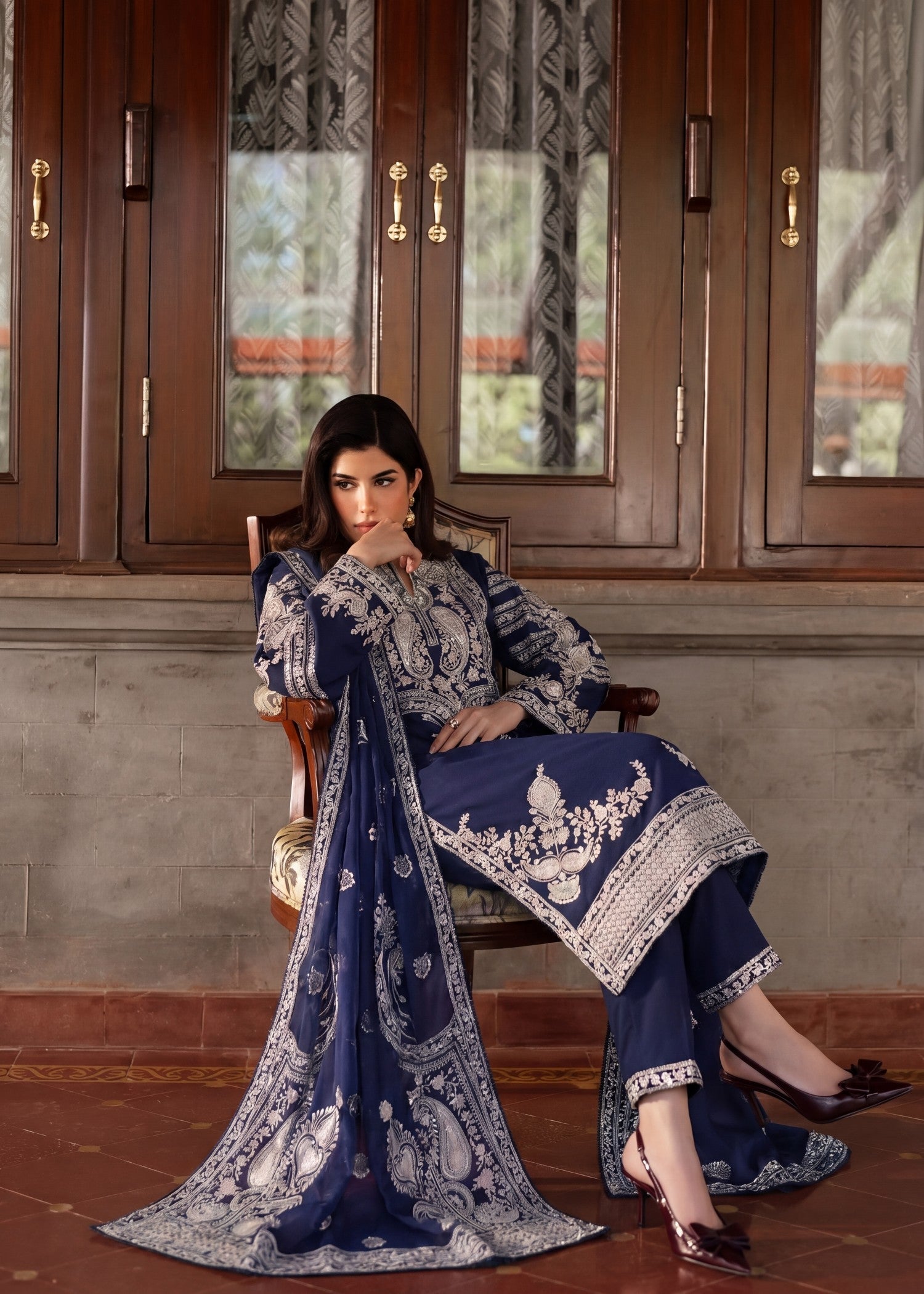 Pakistani Designer Navy Blue Lawn Suit Online in Sri Lanka India Australia