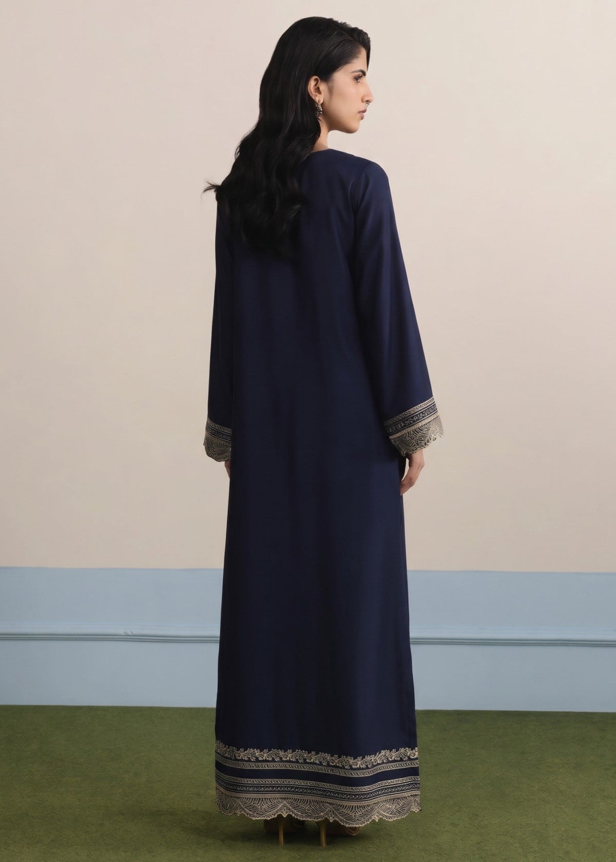 Pakistani Designer Navy Blue Linen Kaftan Online in KSA Riyadh Saudi Arabia Oman Bahrain Qatar
