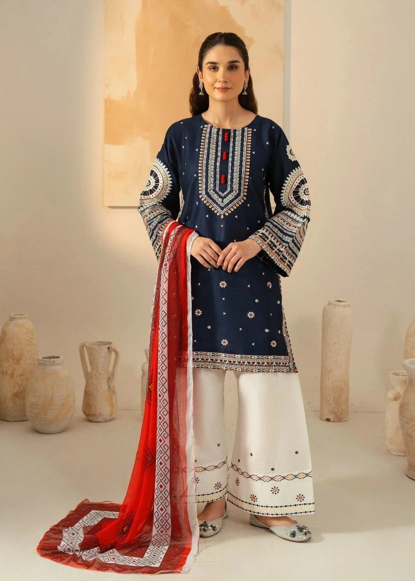 Pakistani Designer Navy Blue Linen Salwar Kameez Online in KSA Riyadh Saudi Arabia Oman Bahrain Qatar