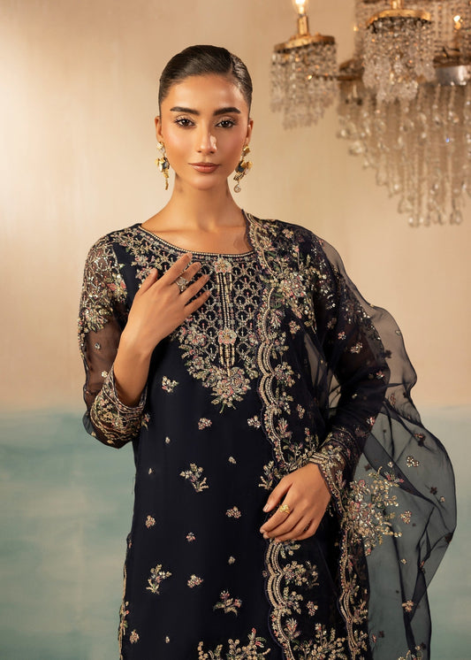 Pakistani Designer Navy Blue Organza Farshi Suit Online in KSA Riyadh Saudi Arabia Oman Bahrain Qatar