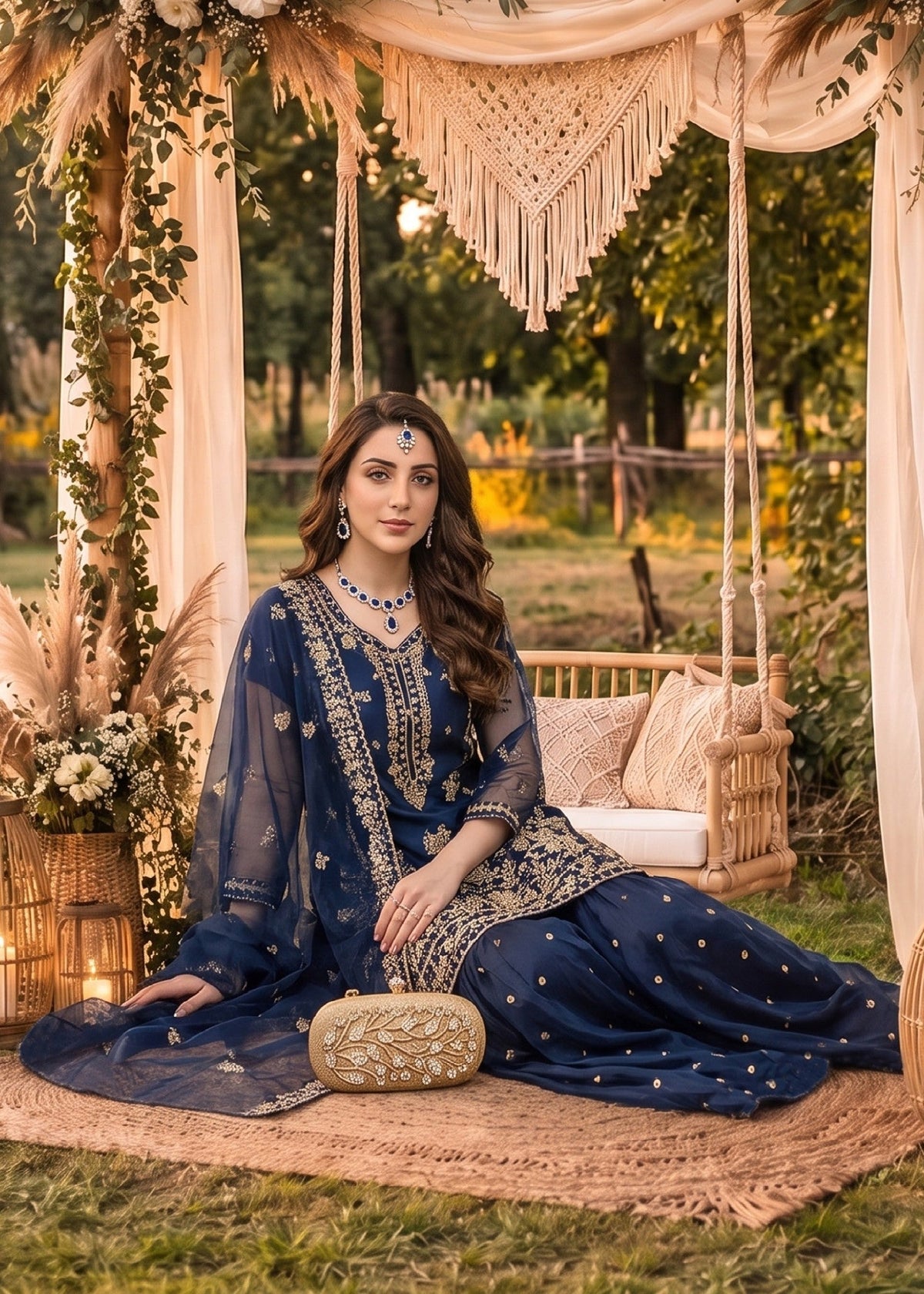 Pakistani Designer Navy Blue Organza Gharara Online in KSA Riyadh Saudi Arabia Oman Bahrain Qatar