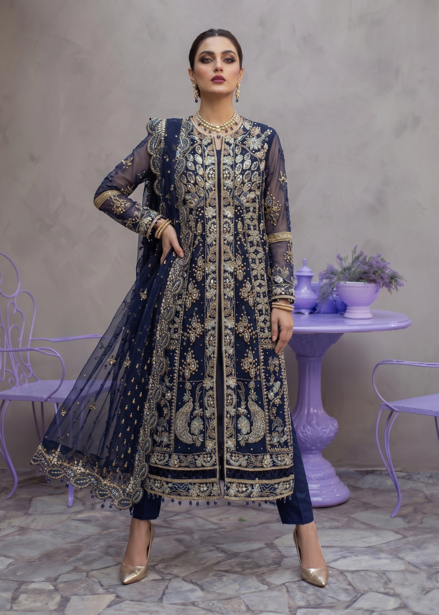 Pakistani Designer Navy Blue Organza Salwar Kameez Online in KSA Riyadh Saudi Arabia Oman Bahrain Qatar