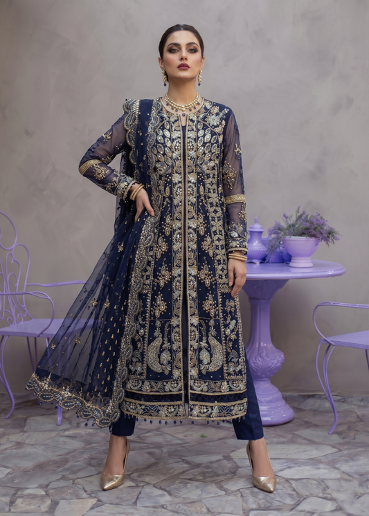 Pakistani Designer Navy Blue Organza Salwar Kameez Online in KSA Riyadh Saudi Arabia Oman Bahrain Qatar