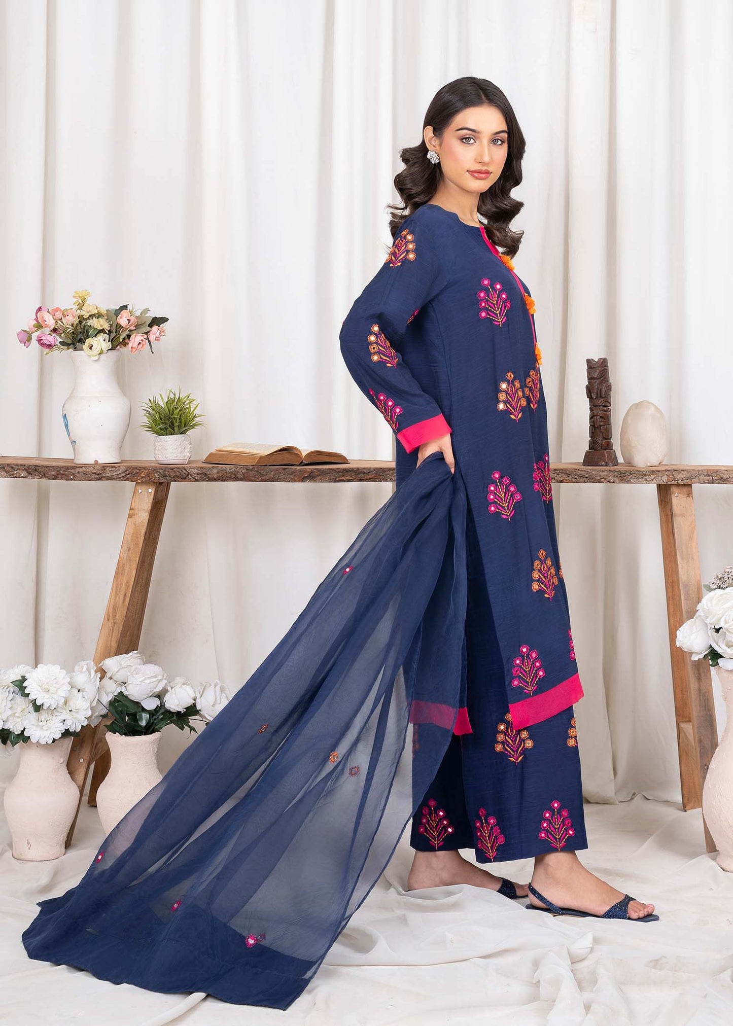 Pakistani Designer Navy Blue Raw Silk Salwar Kameez Online in KSA Riyadh Saudi Arabia Oman Bahrain Qatar