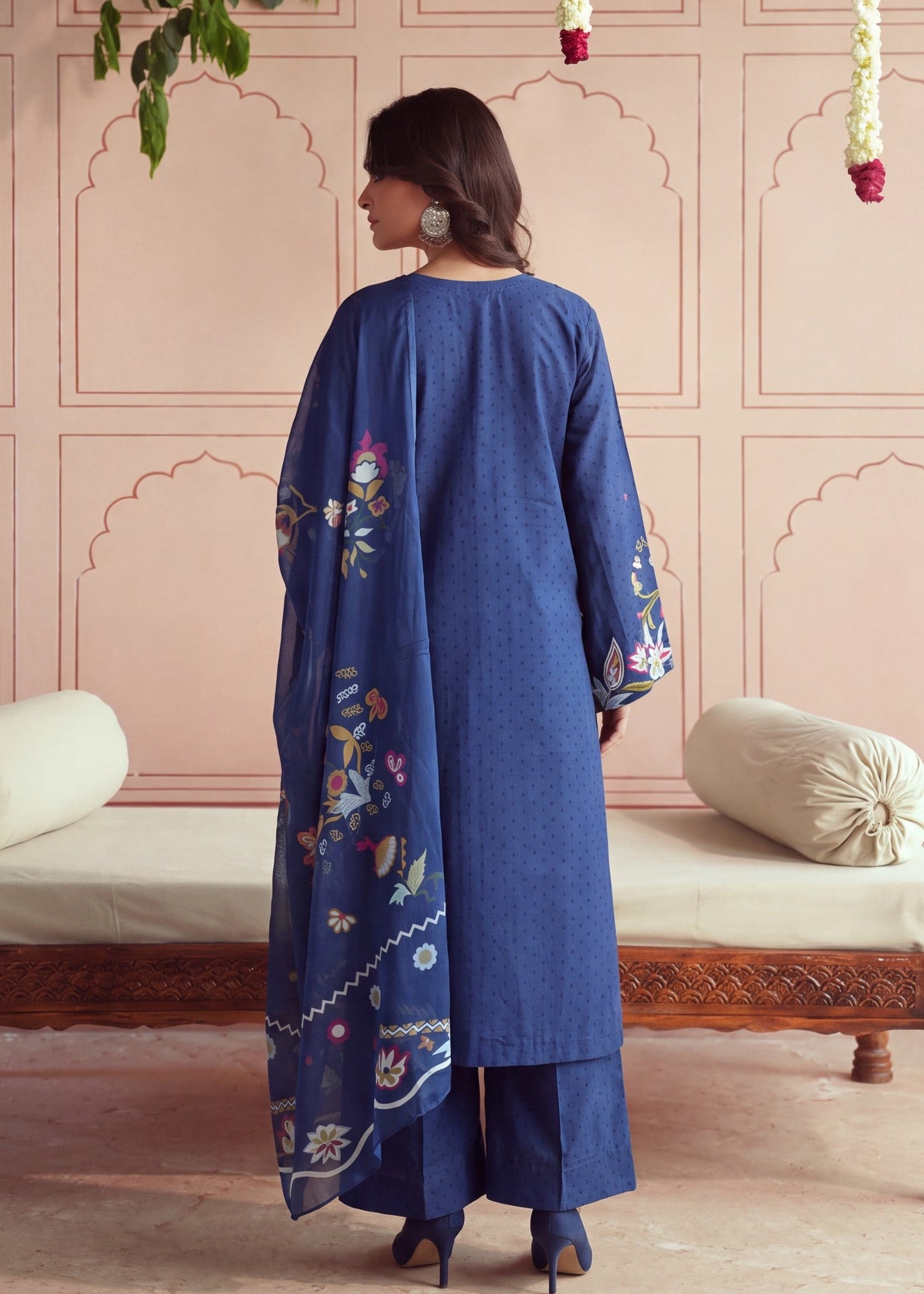 Pakistani Designer Navy Blue Textured Lawn Salwar Kameez Online in KSA Riyadh Saudi Arabia Oman Bahrain Qatar