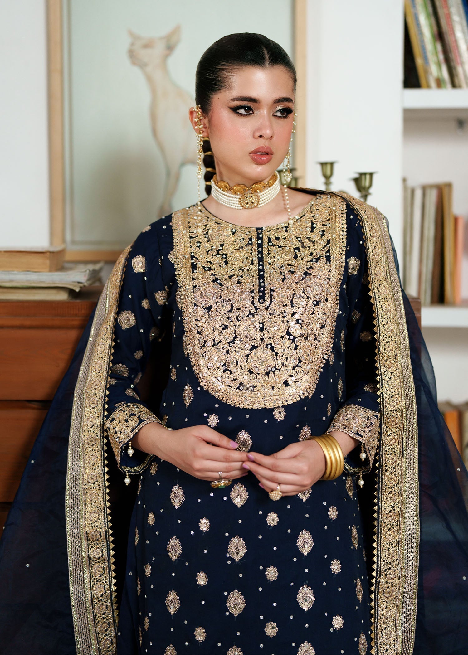 Pakistani Designer Navy Chiffon Salwar Kameez Online in KSA Riyadh Saudi Arabia Oman Bahrain Qatar