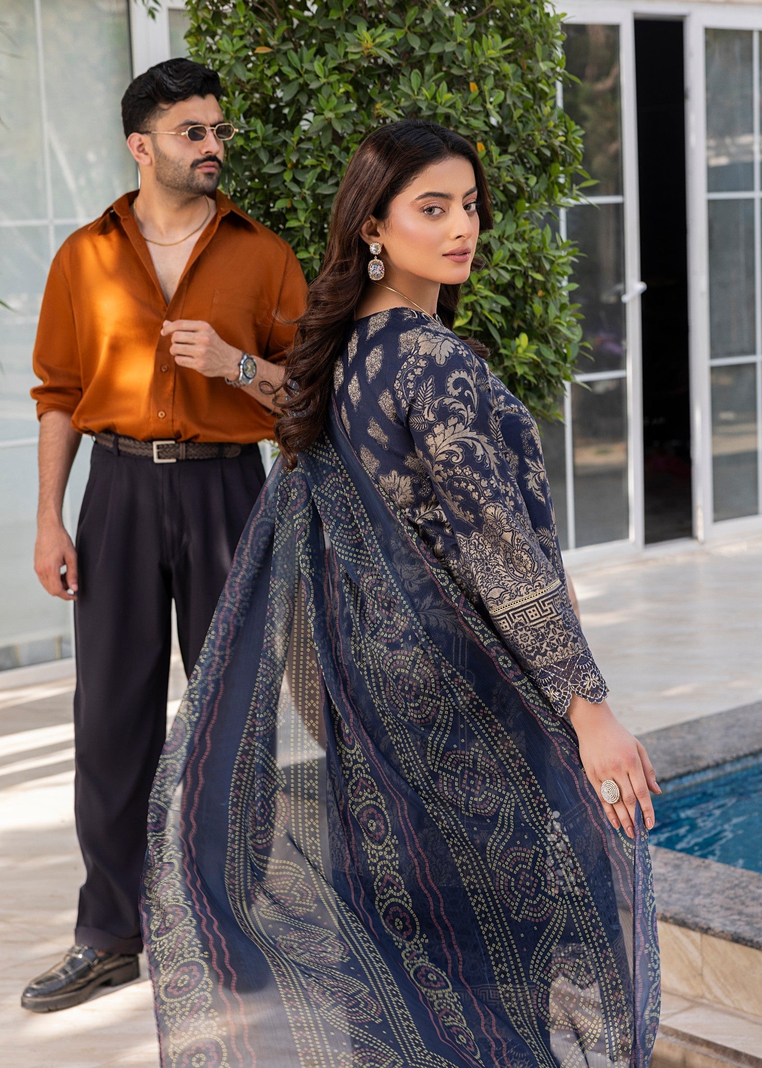 Pakistani Designer Navy Jacquard Embroidered Salwar Kameez Online in KSA Riyadh Saudi Arabia Oman Bahrain Qatar