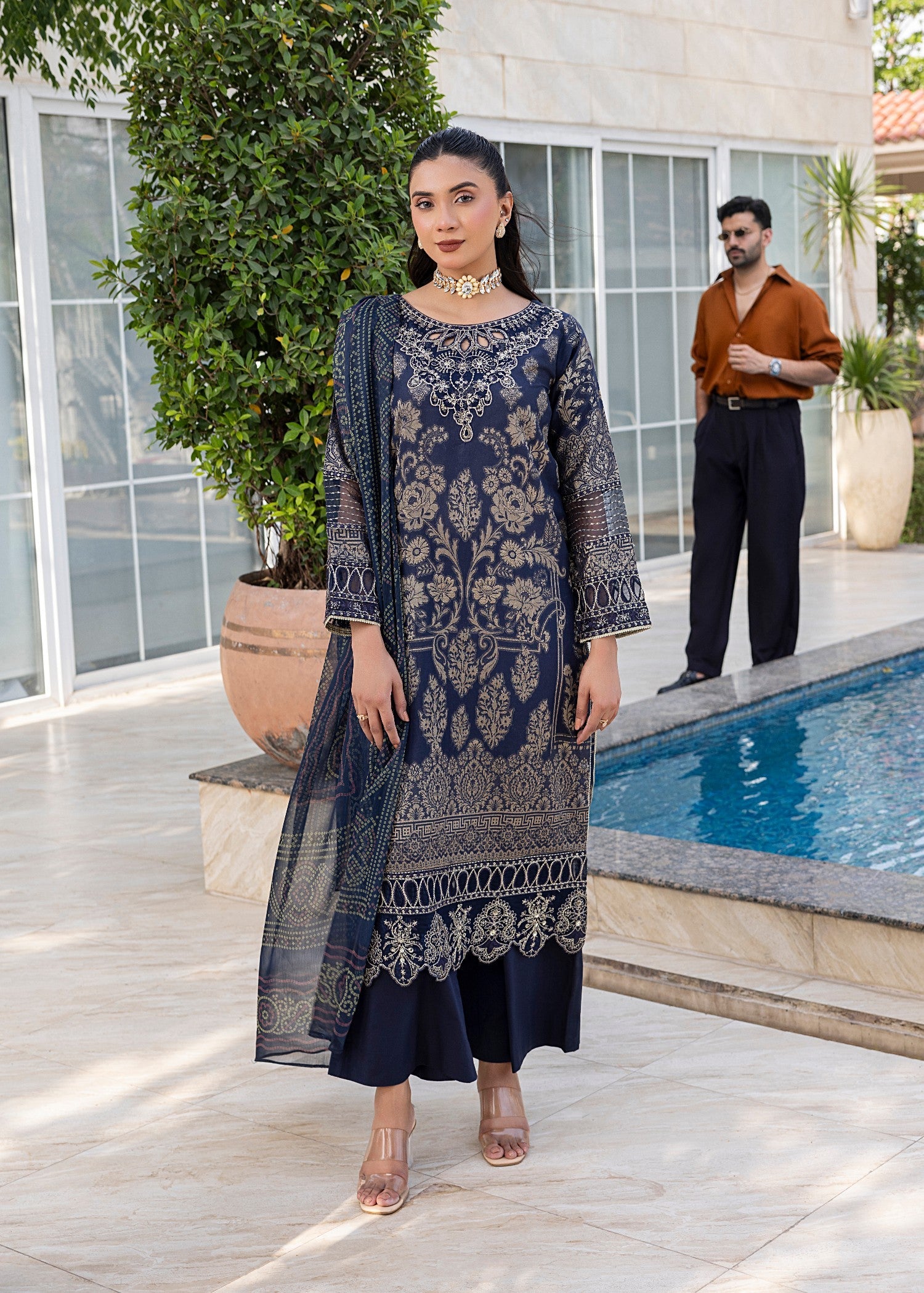 Pakistani Designer Navy Jacquard Embroidered Salwar Kameez Online in KSA Riyadh Saudi Arabia Oman Bahrain Qatar