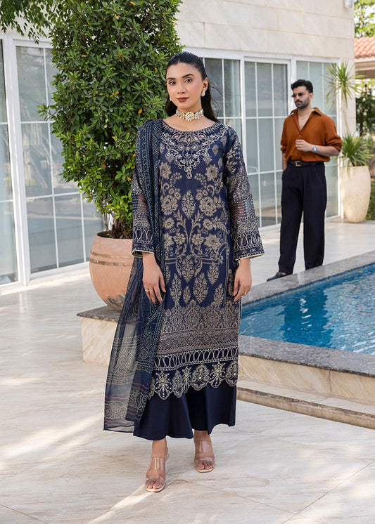 Pakistani Designer Navy Jacquard Embroidered Salwar Kameez Online in KSA Riyadh Saudi Arabia Oman Bahrain Qatar