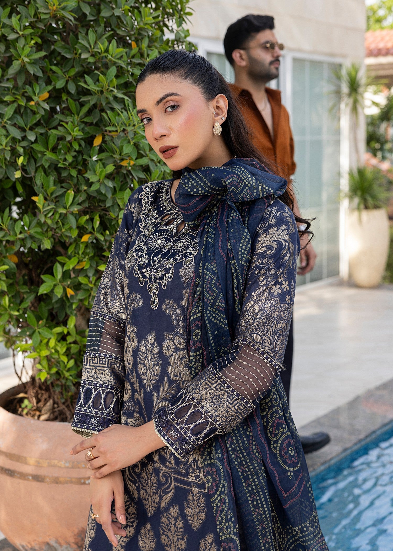Pakistani Designer Navy Jacquard Embroidered Salwar Kameez Online in KSA Riyadh Saudi Arabia Oman Bahrain Qatar