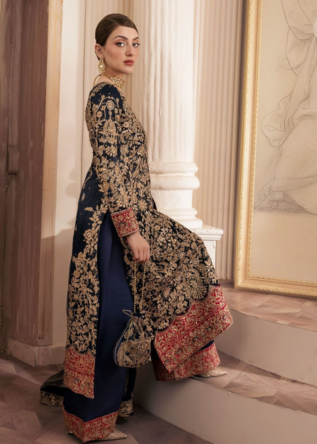 Pakistani Designer Navy Net Embroidered Salwar Kameez Online in KSA Riyadh Saudi Arabia Oman Bahrain Qatar
