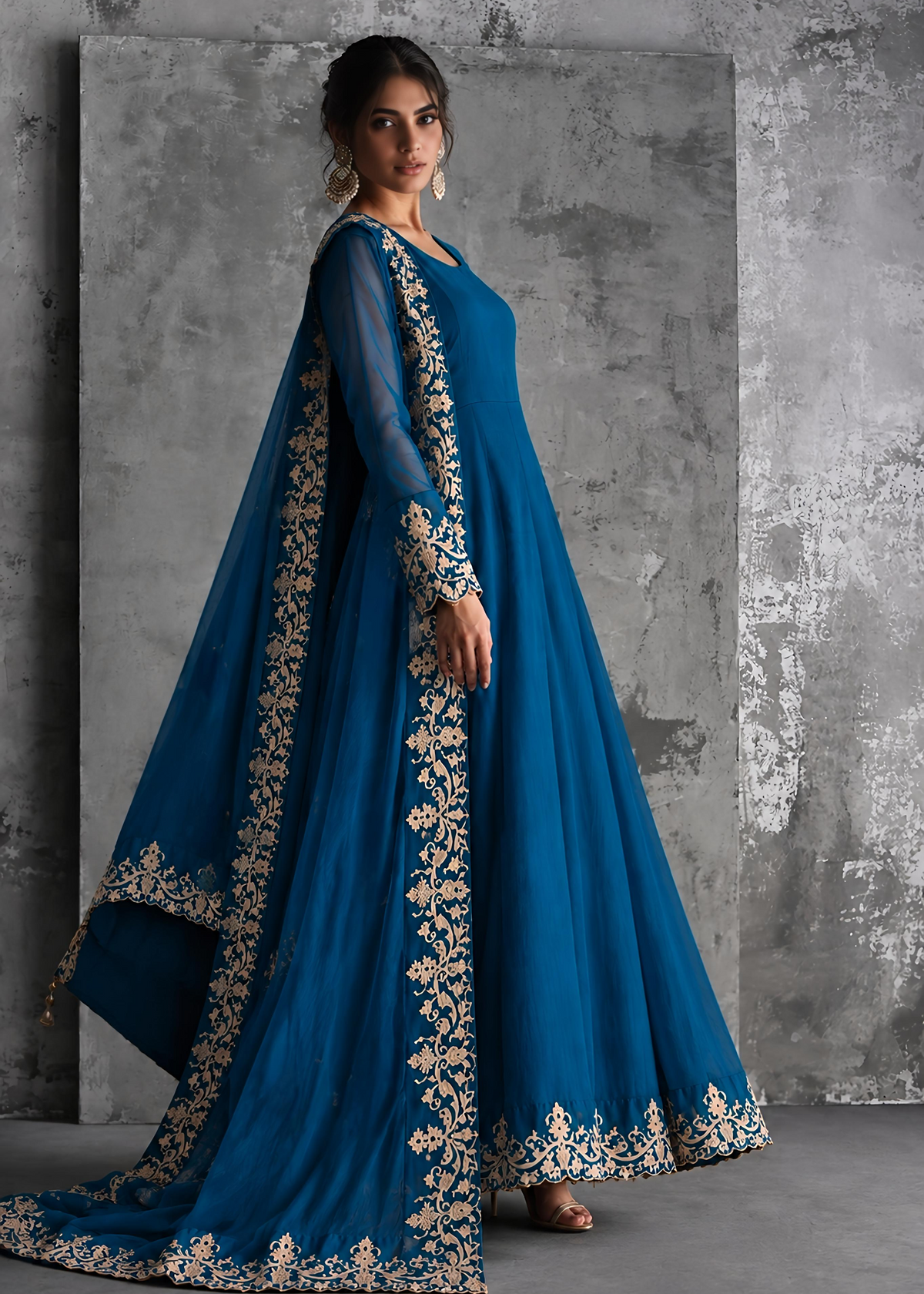 Pakistani Designer Ocean Blue Chiffon Maxi Online in KSA Riyadh Saudi Arabia Oman Bahrain Qatar
