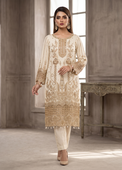 Pakistani Designer Off-White Chiffon Embroidered Suit Online in KSA Riyadh Saudi Arabia Oman Bahrain Qatar