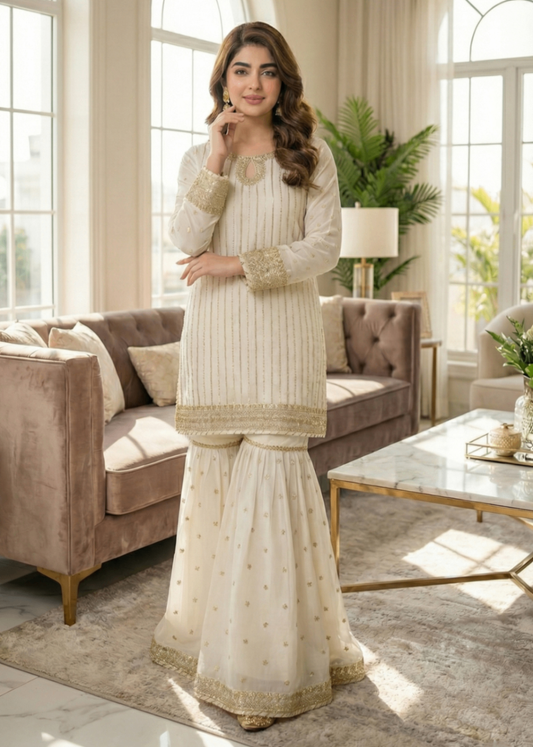 Pakistani Designer Off-White Chiffon Salwar Kameez Online in KSA Riyadh Saudi Arabia Oman Bahrain Qatar