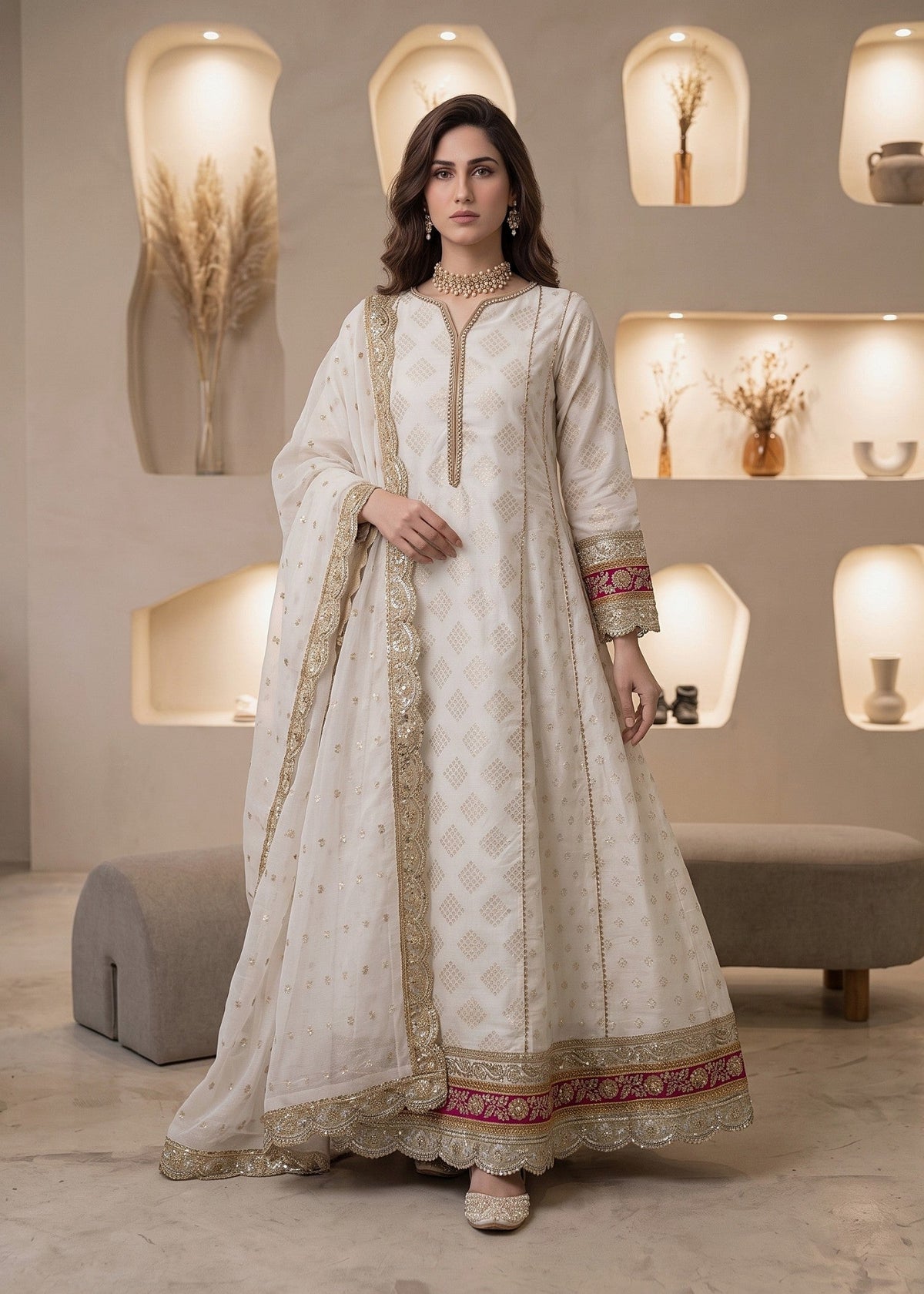 Pakistani Designer Off-White Cotton Masuri Salwar Kameez Online in KSA Riyadh Saudi Arabia Oman Bahrain Qatar