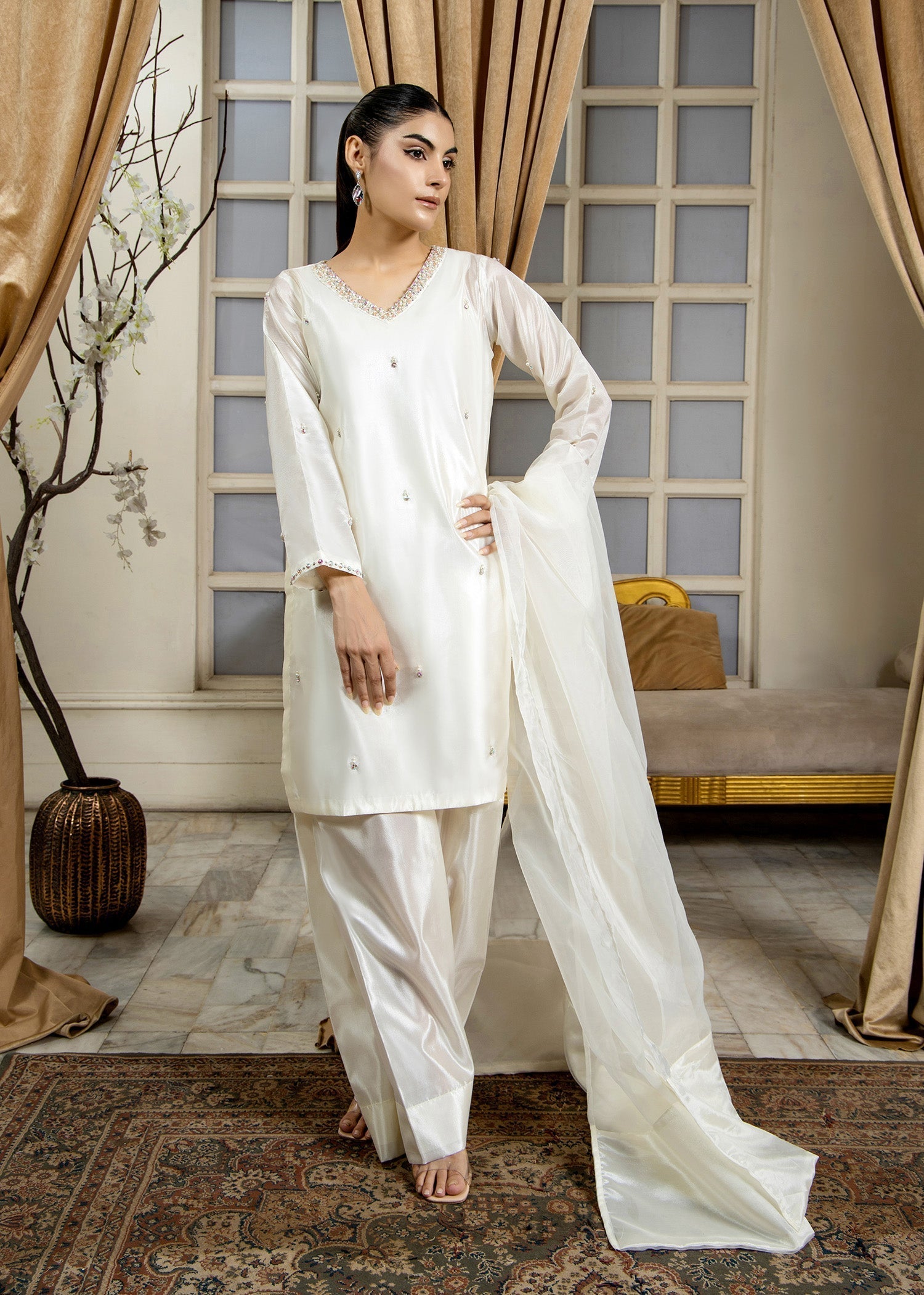 Pakistani Designer Off-White Embellished Kattan Silk Salwar Kameez Online in KSA Riyadh Saudi Arabia Oman Bahrain Qatar