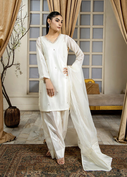 Pakistani Designer Off-White Embellished Kattan Silk Salwar Kameez Online in KSA Riyadh Saudi Arabia Oman Bahrain Qatar