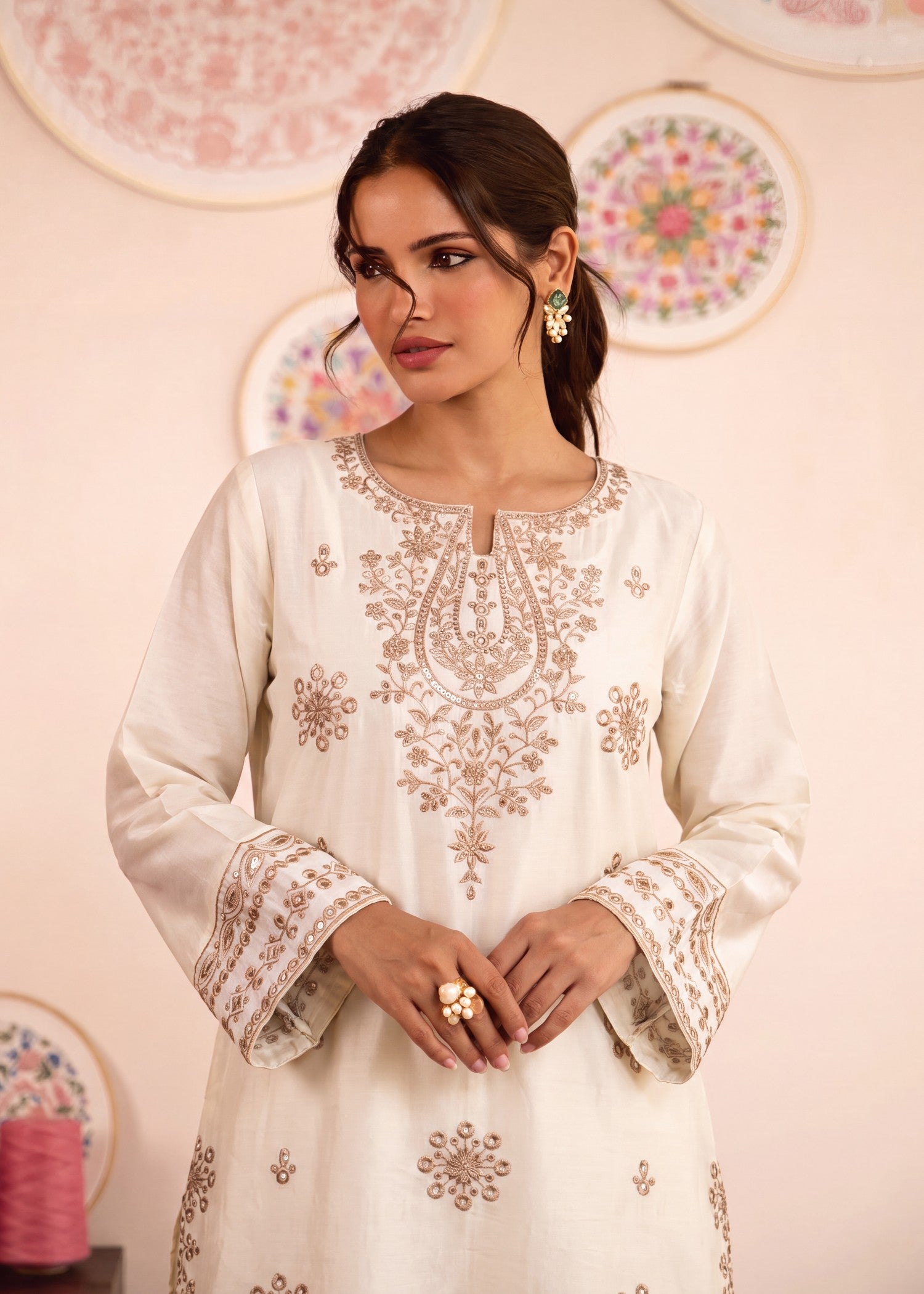 Pakistani Designer Off-White Embroidered Kurta Set Online in KSA Riyadh Saudi Arabia Oman Bahrain Qatar