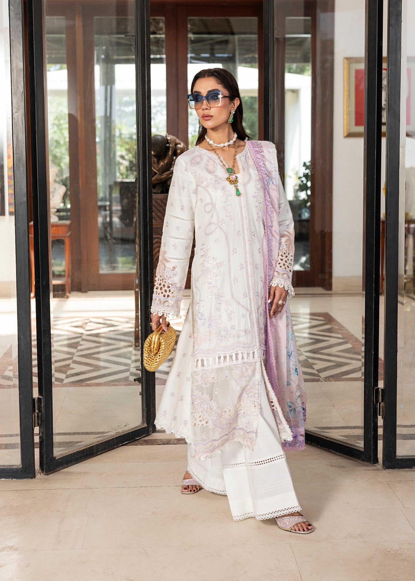 Pakistani Designer Off-White Embroidered Lawn Salwar Kameez Online in KSA Riyadh Saudi Arabia Oman Bahrain Qatar