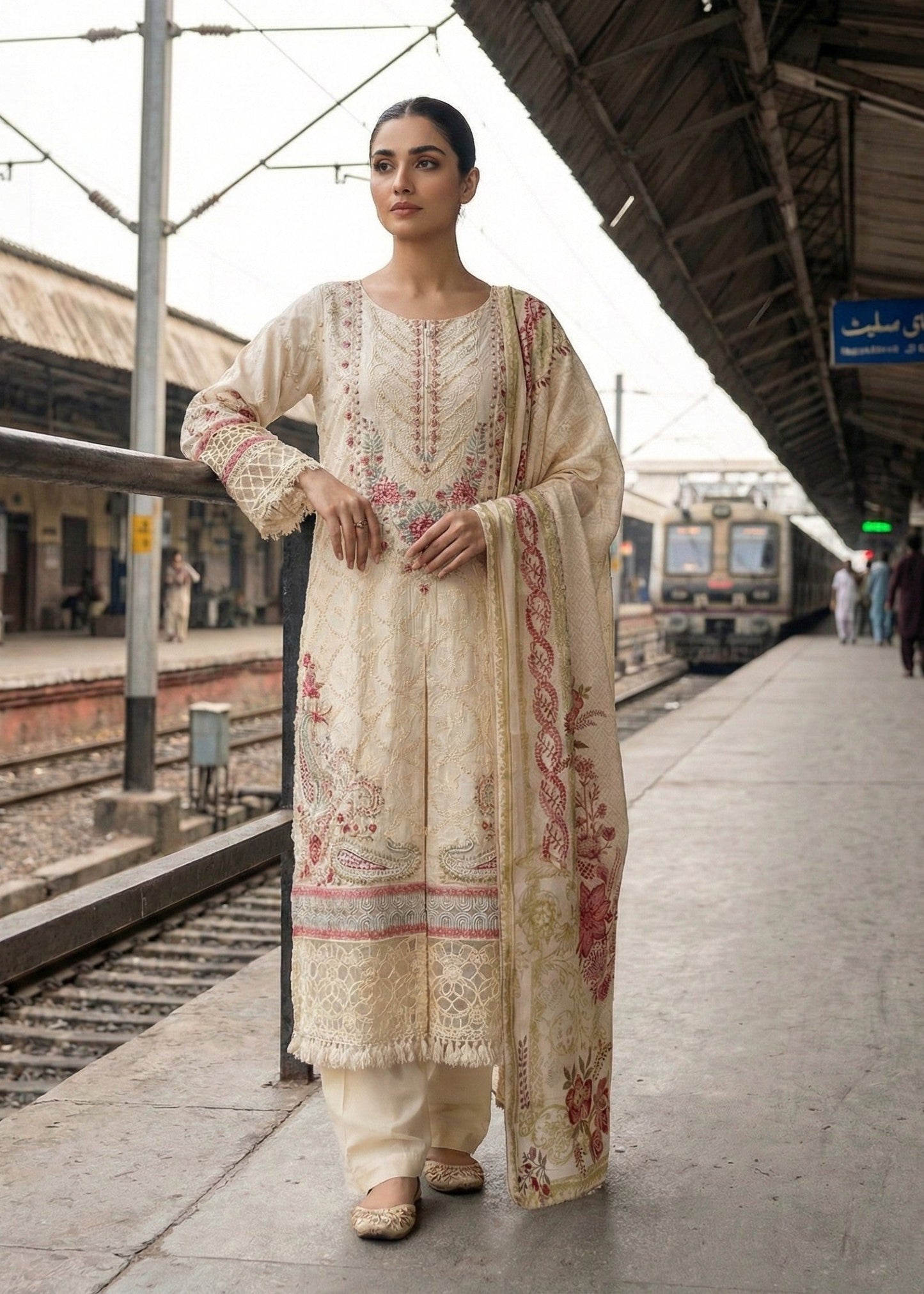 Pakistani Designer Off White Embroidered Lawn Suit Online in KSA Riyadh Saudi Arabia Oman Bahrain Qatar