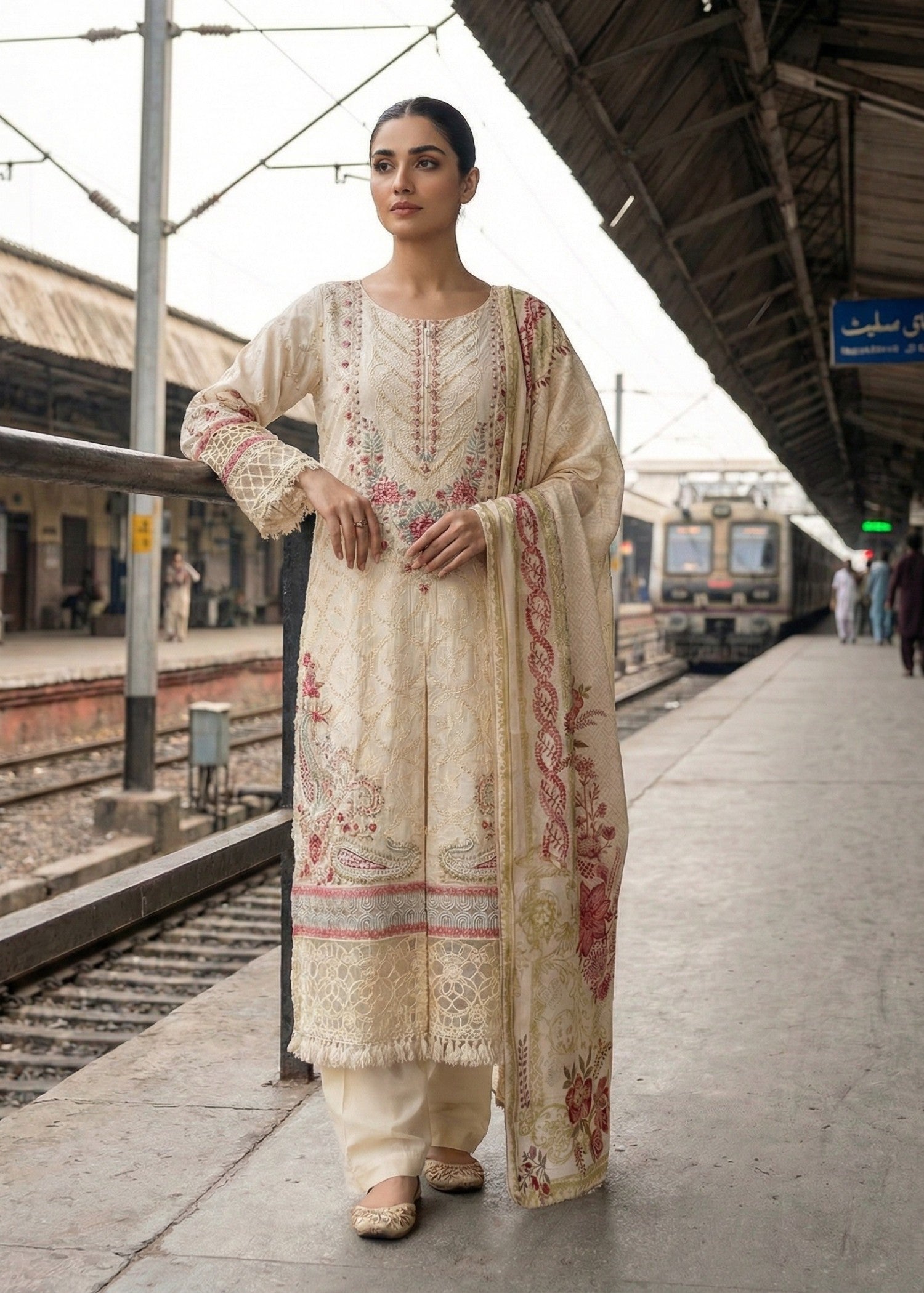 Pakistani Designer Off White Embroidered Lawn Suit Online in KSA Riyadh Saudi Arabia Oman Bahrain Qatar