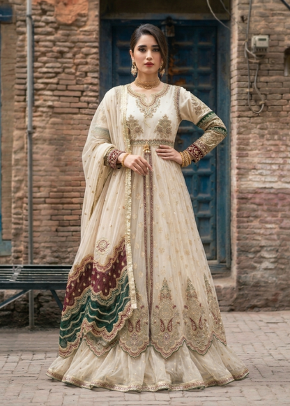Pakistani Designer Off-White Embroidered Net Suit Online in KSA Riyadh Saudi Arabia Oman Bahrain Qatar