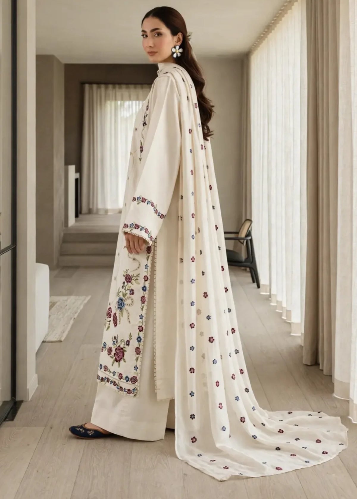 Pakistani Designer Off-White Lawn Kurta Set Online in Sri Lanka India Australia