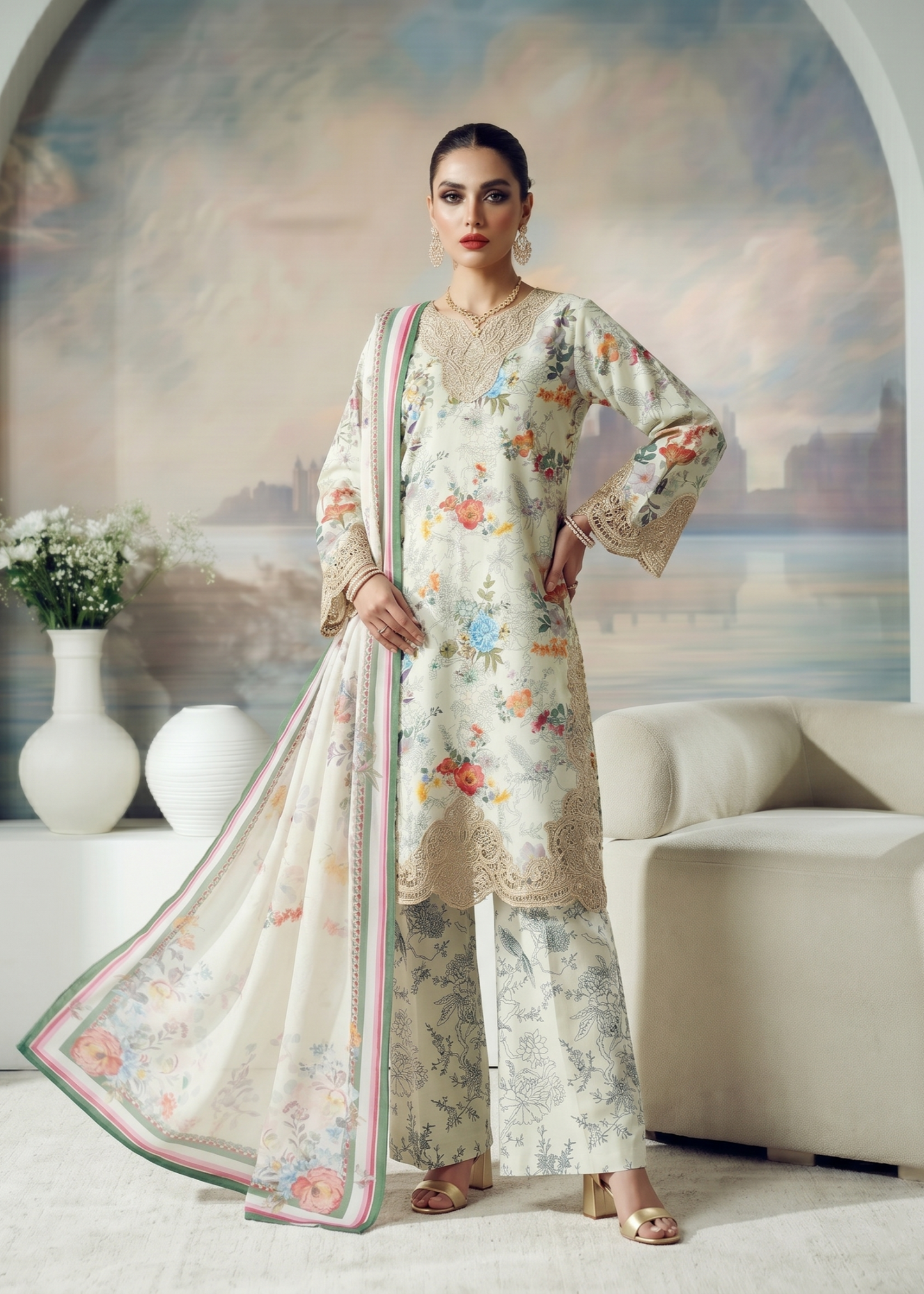 Pakistani Designer Off-White Lawn Salwar Kameez Online in KSA Riyadh Saudi Arabia Oman Bahrain Qatar
