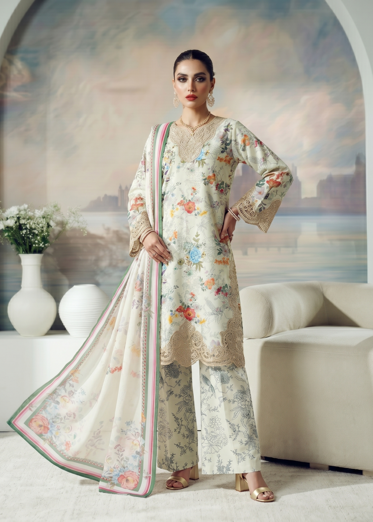 Pakistani Designer Off-White Lawn Salwar Kameez Online in KSA Riyadh Saudi Arabia Oman Bahrain Qatar