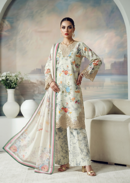 Pakistani Designer Off-White Lawn Salwar Kameez Online in KSA Riyadh Saudi Arabia Oman Bahrain Qatar