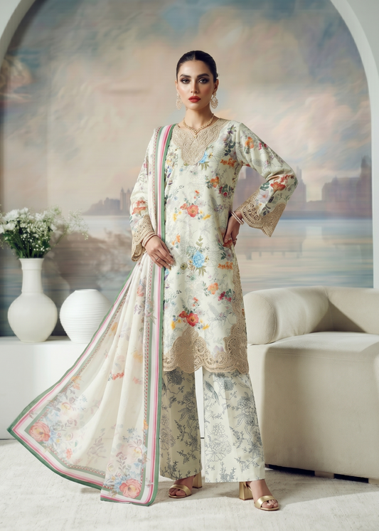 Pakistani Designer Off-White Lawn Salwar Kameez Online in KSA Riyadh Saudi Arabia Oman Bahrain Qatar