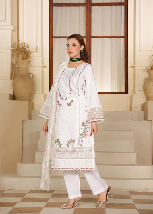 Pakistani Designer Off-White Lawn Salwar Kameez Online in KSA Riyadh Saudi Arabia Oman Bahrain Qatar