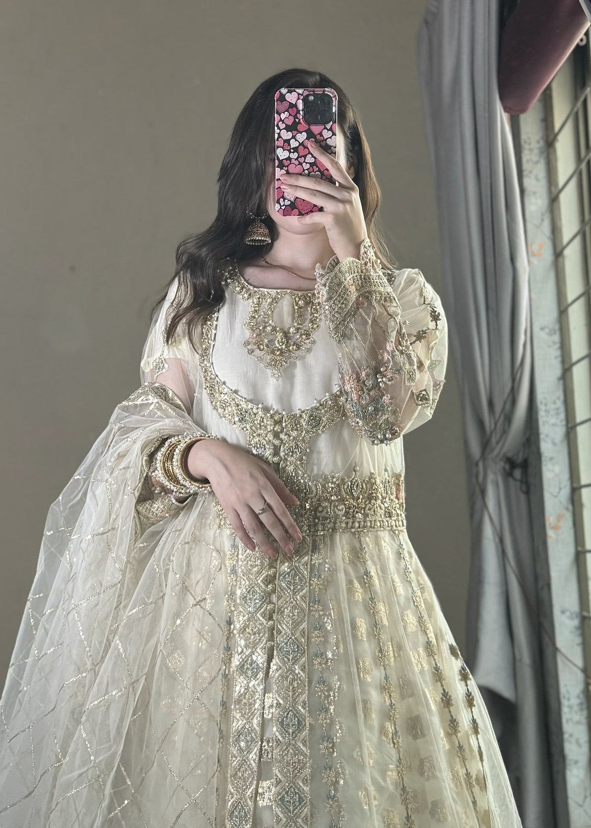 Pakistani Designer Off-White Net A-Line Maxi Salwar Kameez Online in KSA Riyadh Saudi Arabia Oman Bahrain Qatar