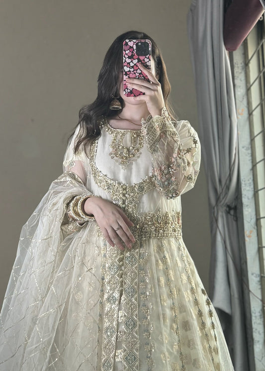 Pakistani Designer Off-White Net A-Line Maxi Salwar Kameez Online in KSA Riyadh Saudi Arabia Oman Bahrain Qatar