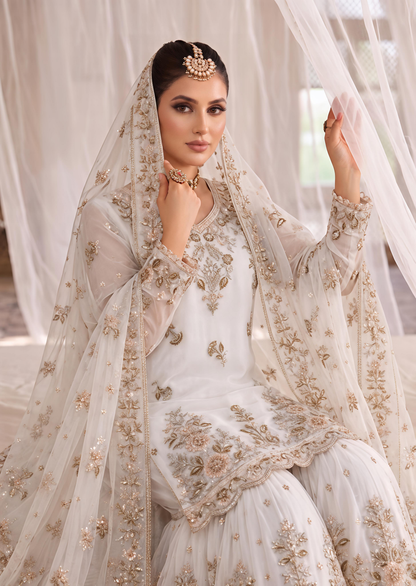 Pakistani Designer Off-White Net Gharara Online in KSA Riyadh Saudi Arabia Oman Bahrain Qatar