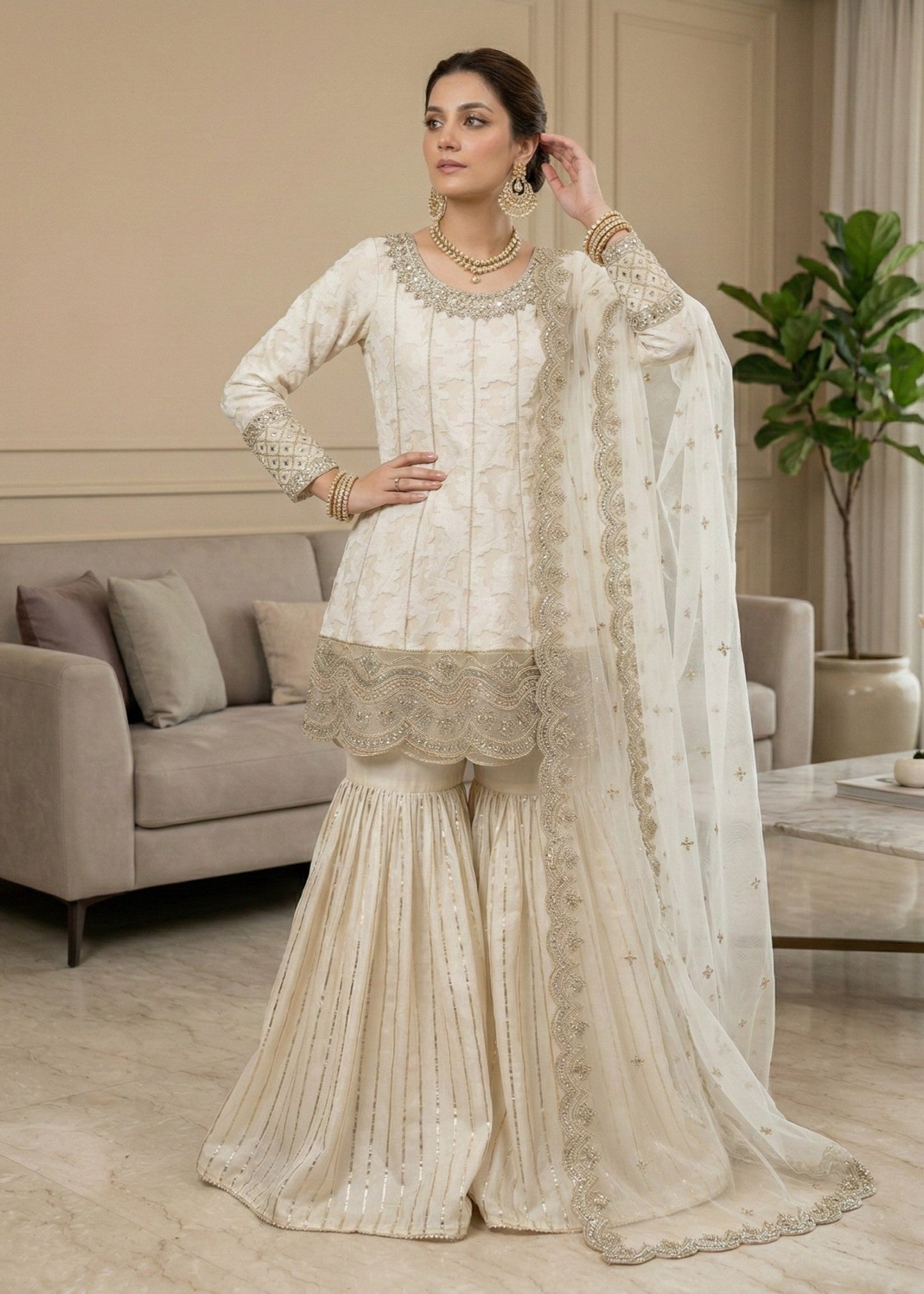 Pakistani Designer Off-White Net Salwar Kameez Online in KSA Riyadh Saudi Arabia Oman Bahrain Qatar