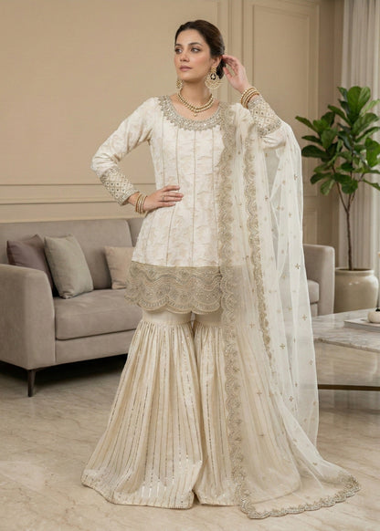 Pakistani Designer Off-White Net Salwar Kameez Online in KSA Riyadh Saudi Arabia Oman Bahrain Qatar