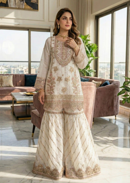 Pakistani Designer Off White Organza Gharara Salwar Kameez Online in KSA Riyadh Saudi Arabia Oman Bahrain Qatar