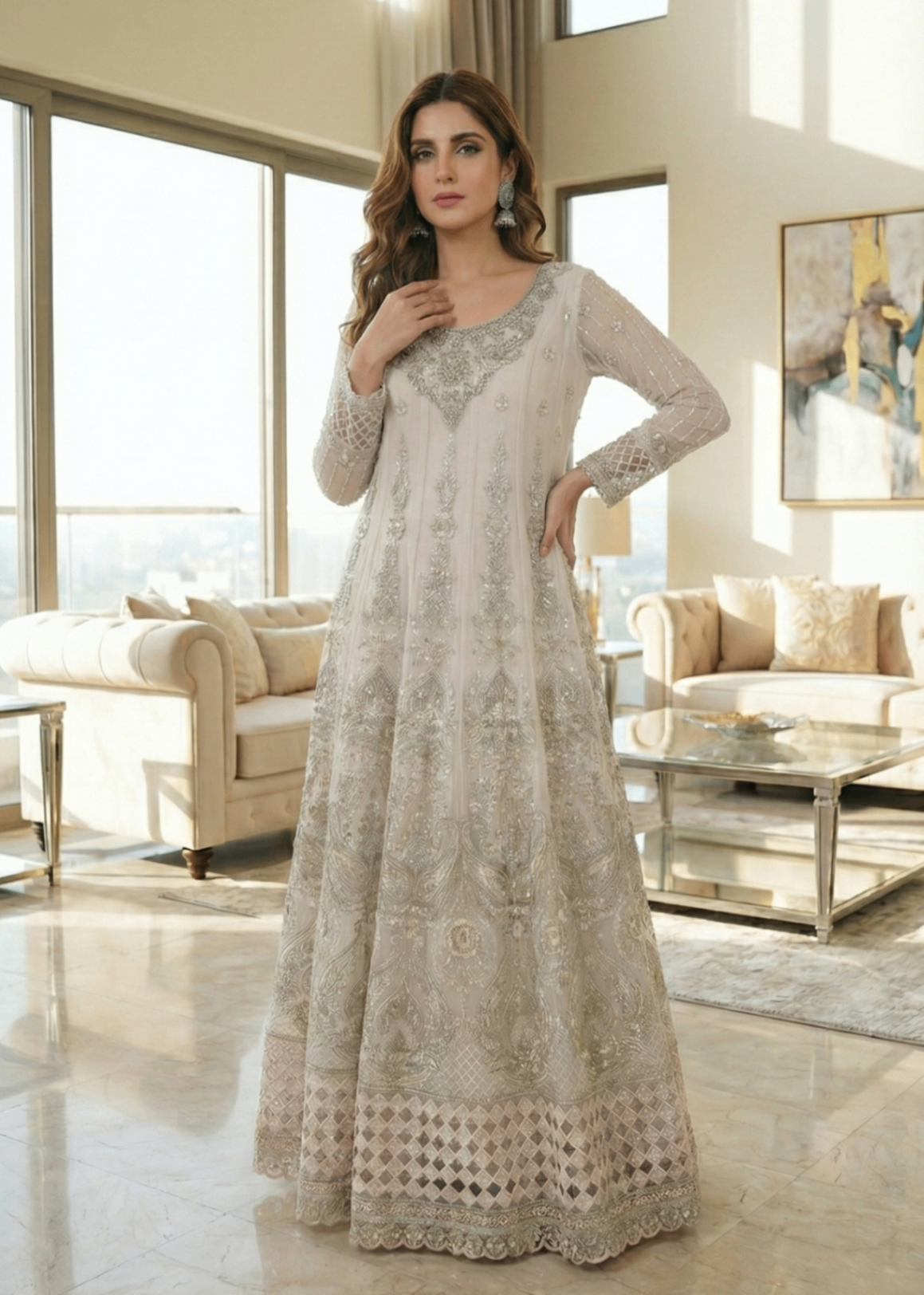Pakistani Designer Off White Organza Salwar Kameez Online in KSA Riyadh Saudi Arabia Oman Bahrain Qatar