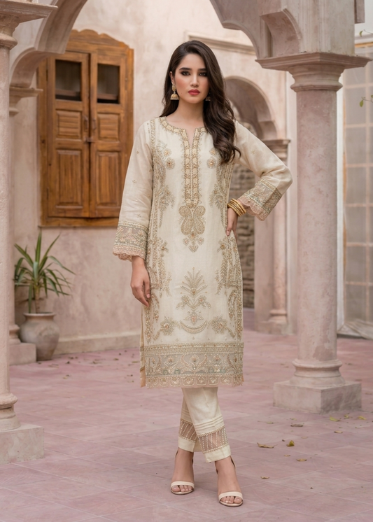 Pakistani Designer Off-White Organza Salwar Kameez Online in KSA Riyadh Saudi Arabia Oman Bahrain Qatar