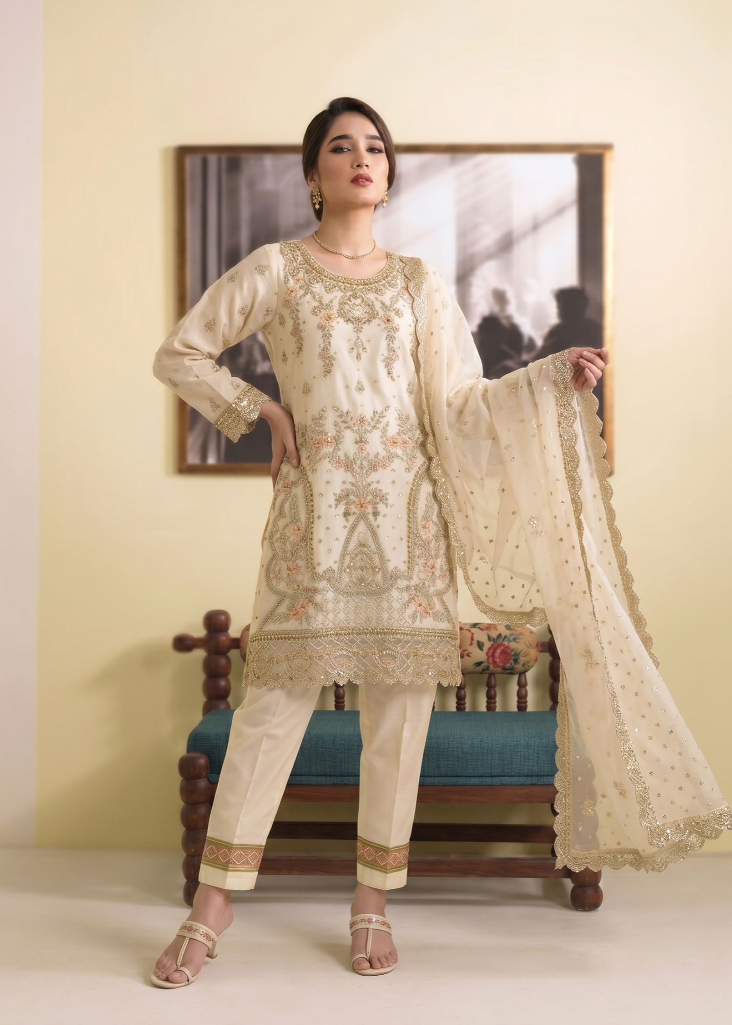 Pakistani Designer Off White Organza Salwar Kameez Online in KSA Riyadh Saudi Arabia Oman Bahrain Qatar