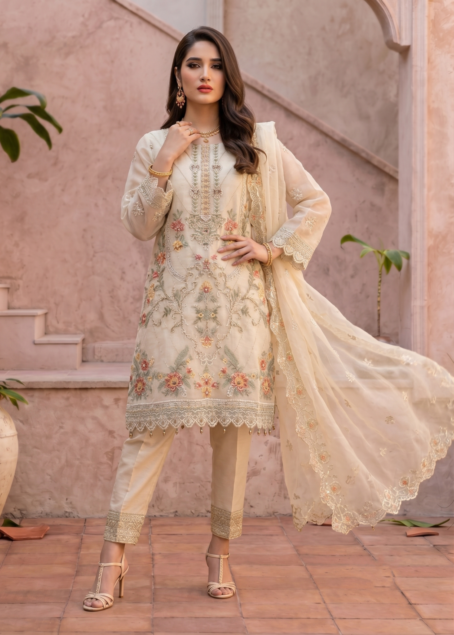 Pakistani Designer Off-White Organza Salwar Kameez Online in KSA Riyadh Saudi Arabia Oman Bahrain Qatar