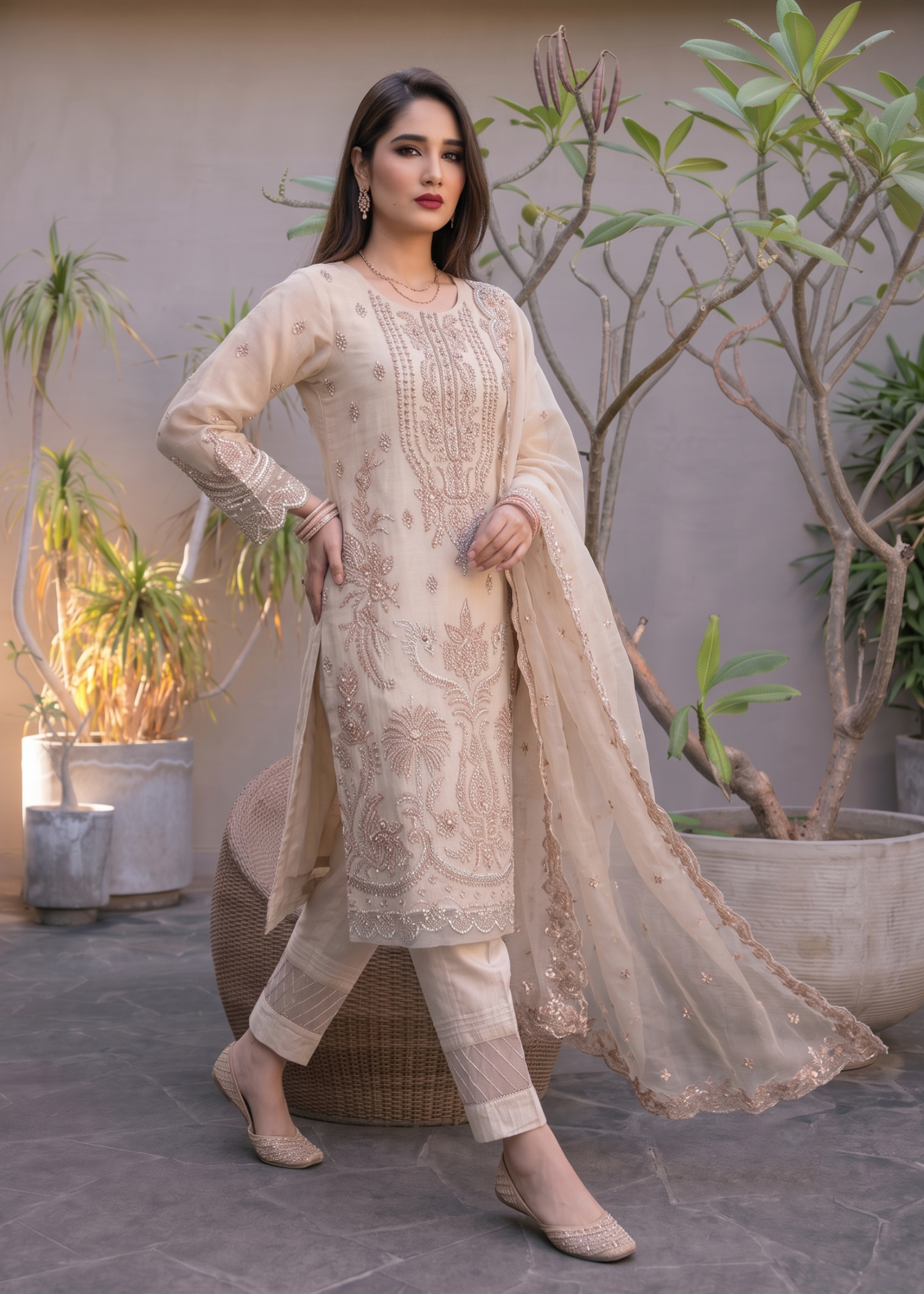 Pakistani Designer Off-White Organza Salwar Suit Online in KSA Riyadh Saudi Arabia Oman Bahrain Qatar