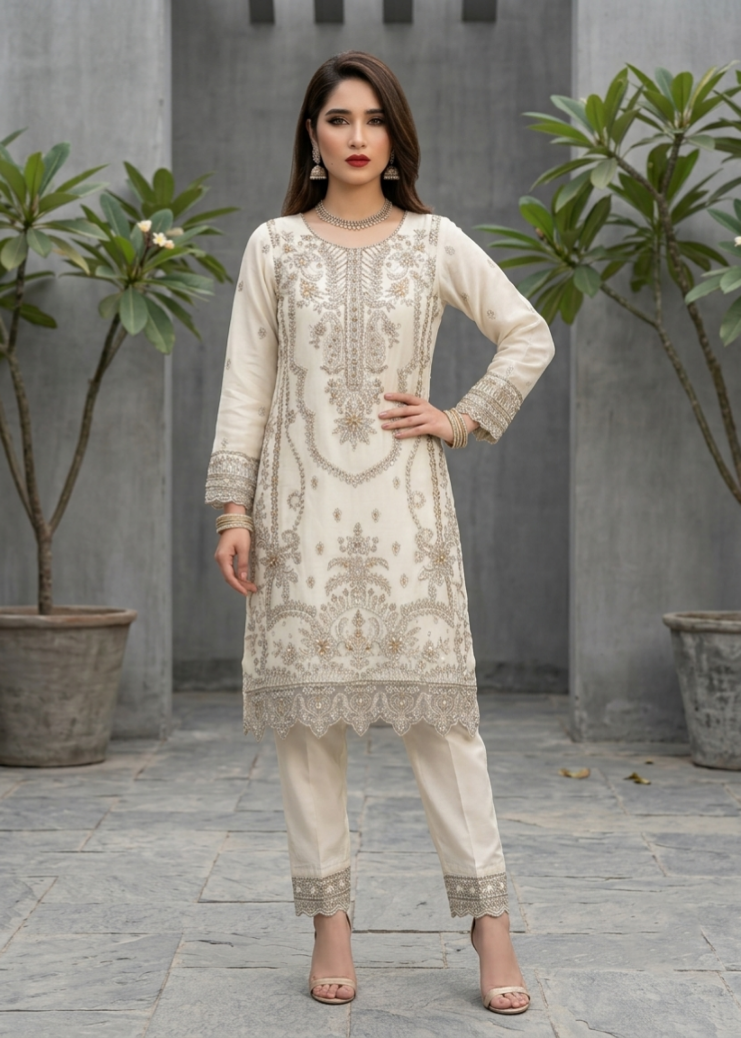Pakistani Designer Off-White Organza Shalwar Kameez Online in KSA Riyadh Saudi Arabia Oman Bahrain Qatar
