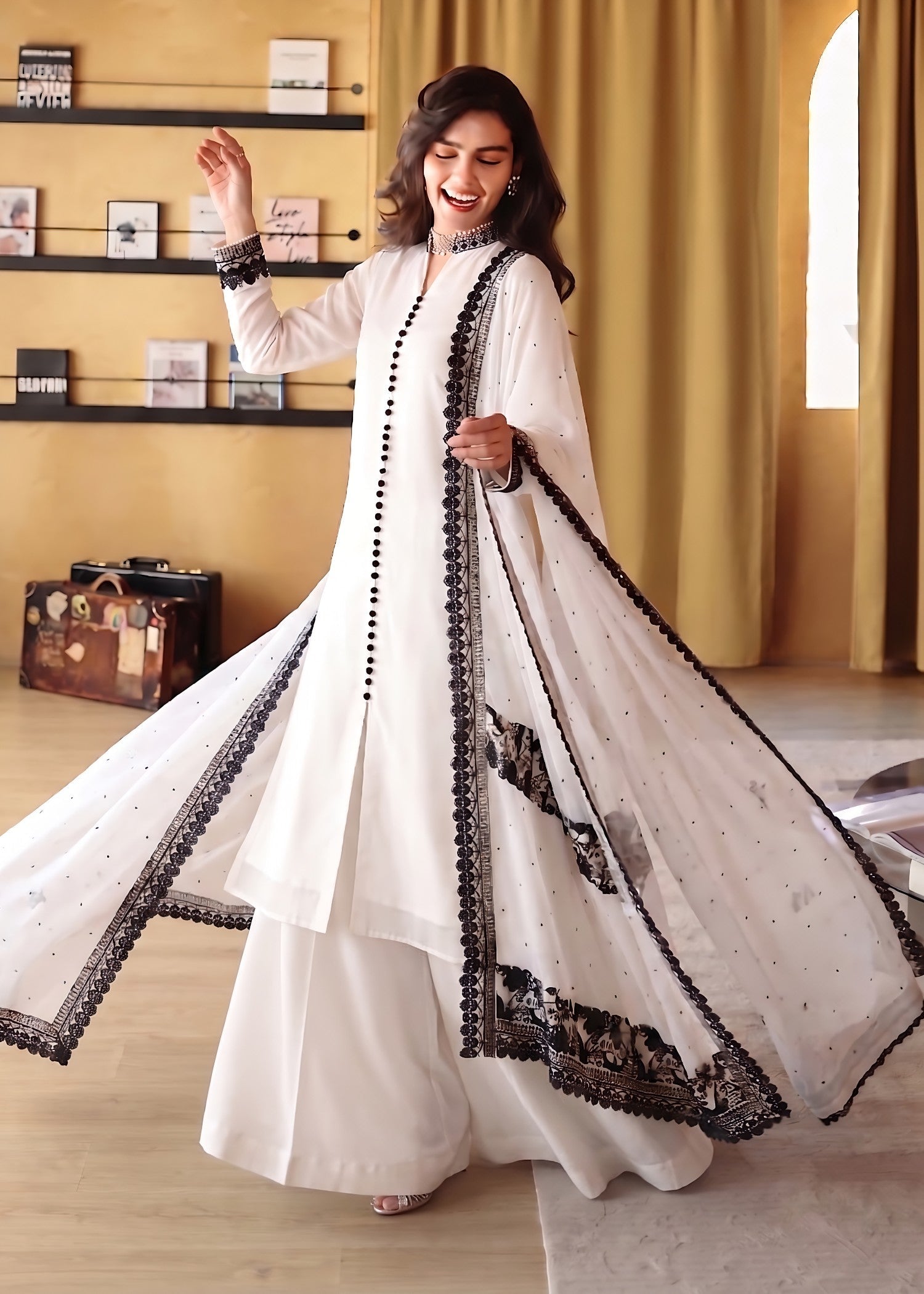 Pakistani Designer Off-White Sharara Suit Online in KSA Riyadh Saudi Arabia Oman Bahrain Qatar