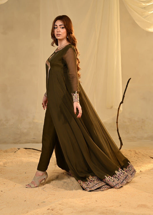 Pakistani Designer Olive Green Chiffon Pishwas Online in KSA Riyadh Saudi Arabia Oman Bahrain Qatar
