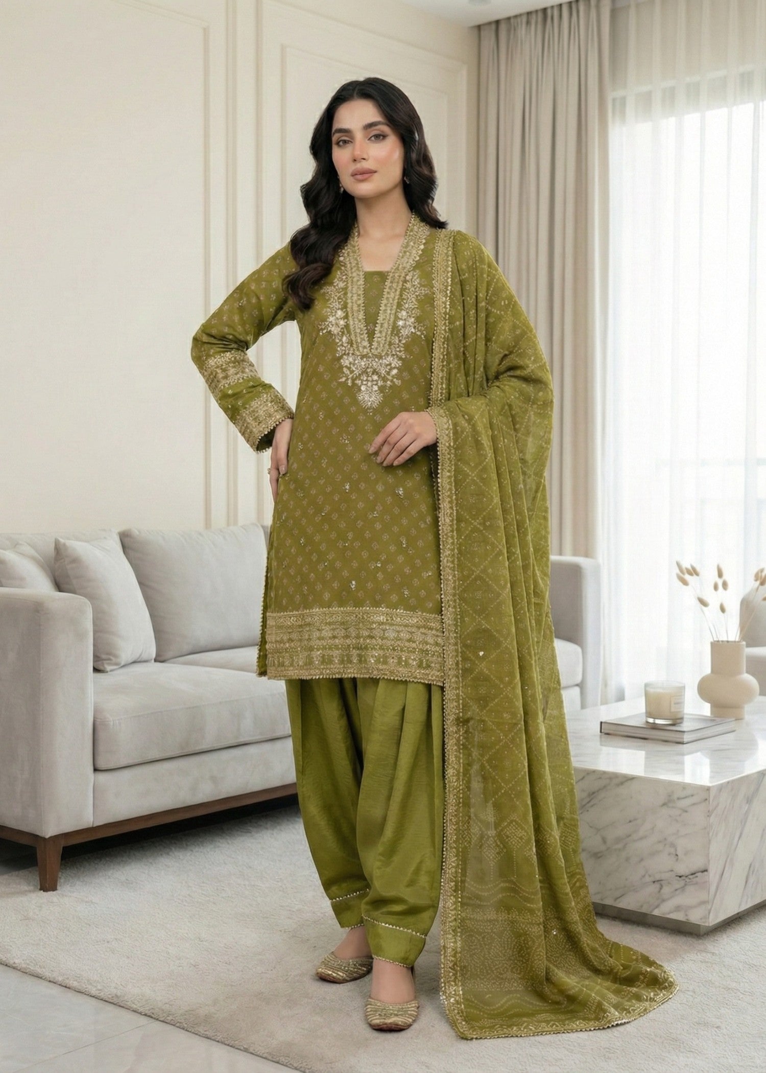 Pakistani Designer Olive Green Chiffon Salwar Kameez Online in KSA Riyadh Saudi Arabia Oman Bahrain Qatar